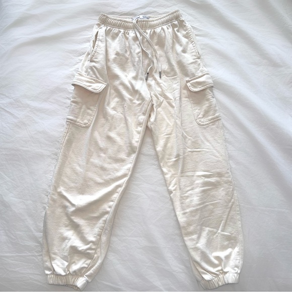 Bershka Pants - Bershka Cream Cargo Joggers Drawstring Sweatpants S